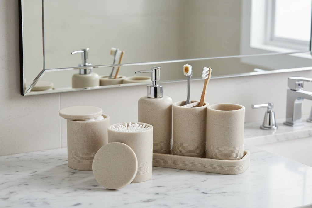 6 - Piece Stone - Textured Bathroom Accessory Set | Modern Polyresin Vanity Organizer (Beige) - Hippopotamus Barn