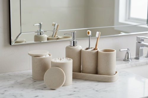 6 - Piece Stone - Textured Bathroom Accessory Set | Modern Polyresin Vanity Organizer (Beige) - Hippopotamus Barn