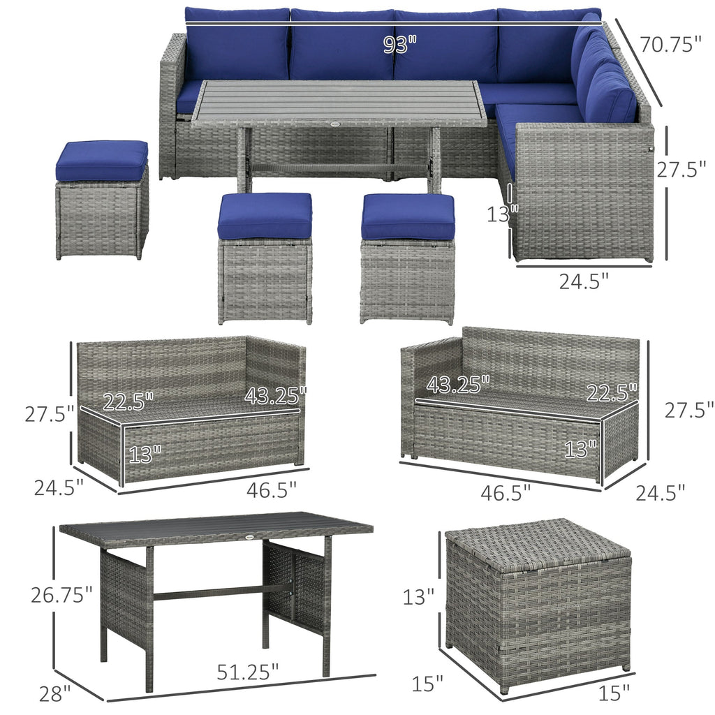 7 - Piece Outdoor Rattan Sectional Sofa Set | L - Shaped Patio Conversation Set with Cushions & Storage | 528 lb Capacity | Dark Blue - Hippopotamus Barn