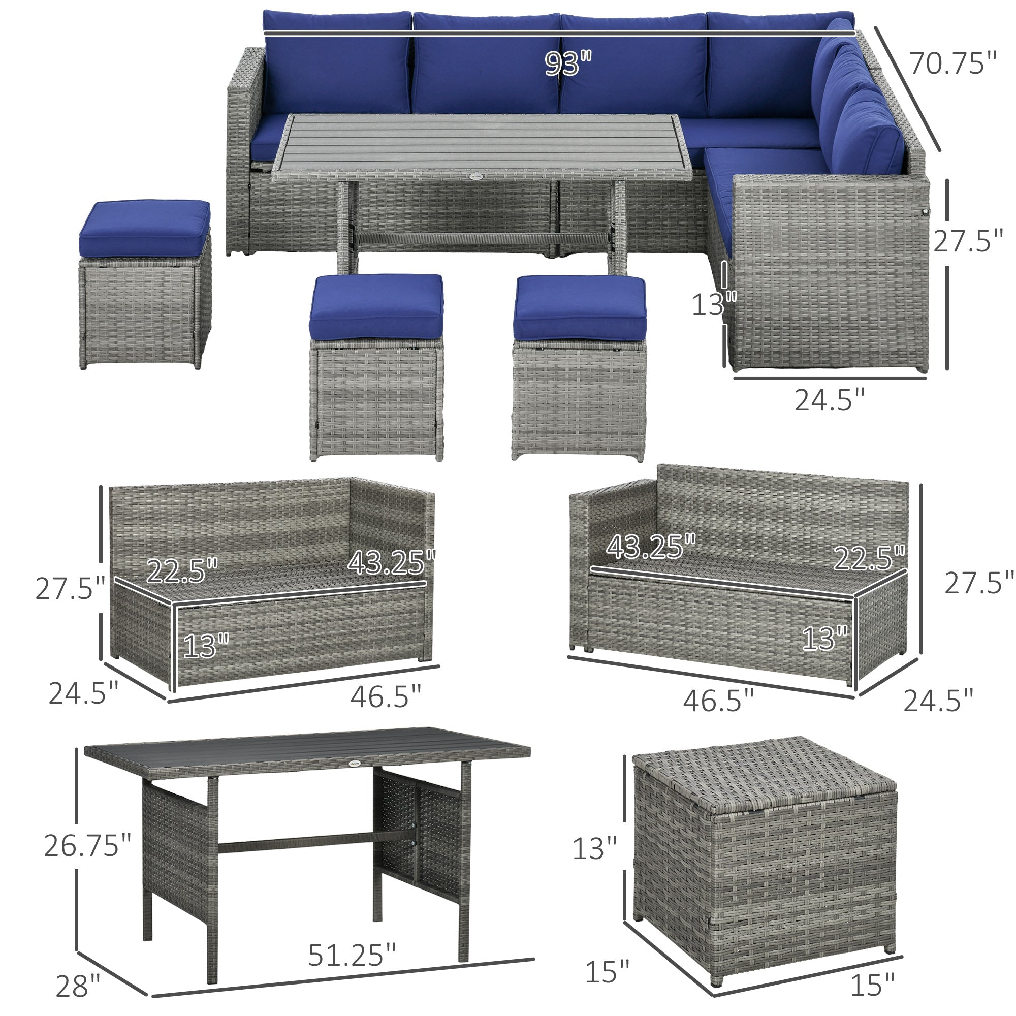 7 - Piece Outdoor Rattan Sectional Sofa Set | L - Shaped Patio Conversation Set with Cushions & Storage | 528 lb Capacity | Dark Blue - Hippopotamus Barn