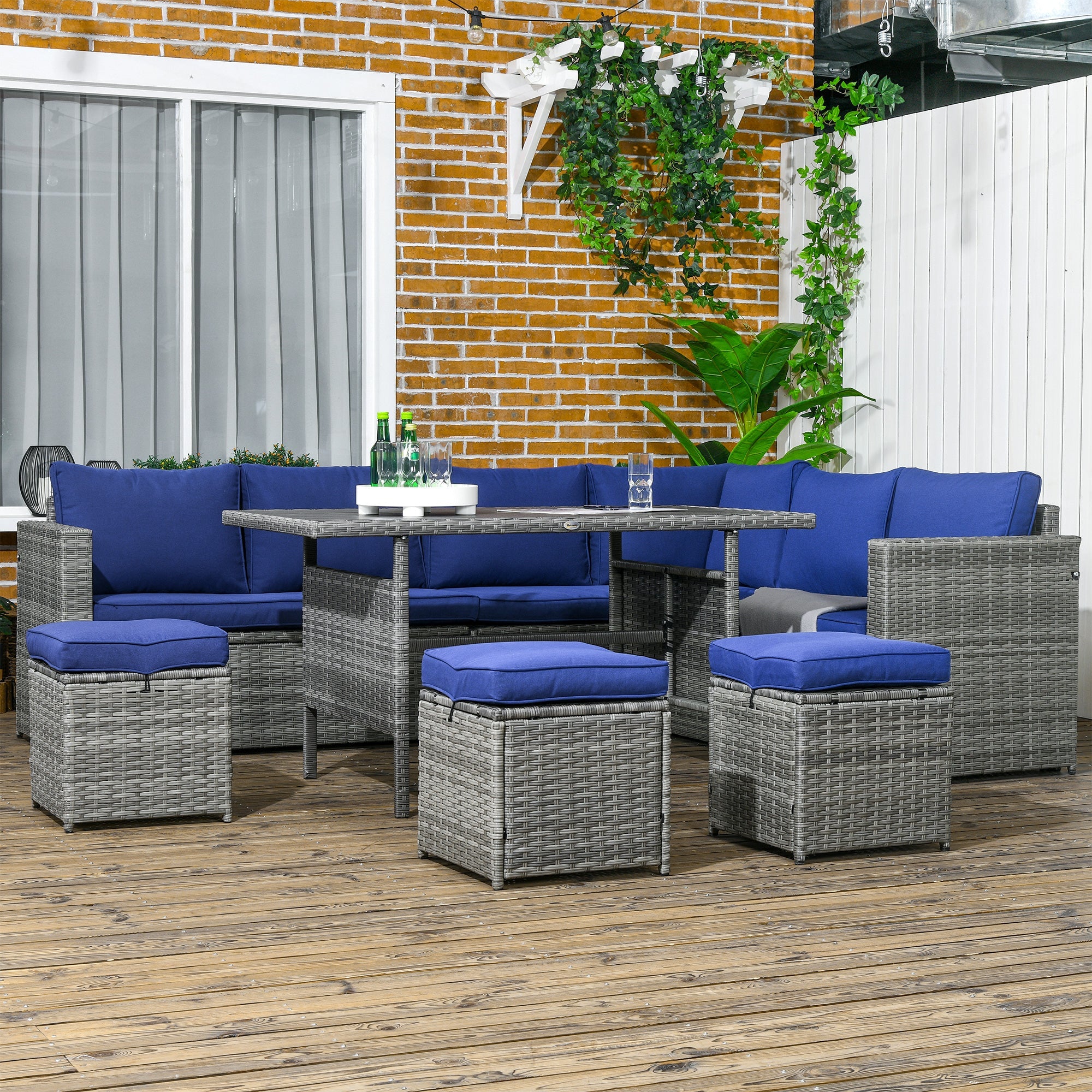 7 - Piece Outdoor Rattan Sectional Sofa Set | L - Shaped Patio Conversation Set with Cushions & Storage | 528 lb Capacity | Dark Blue - Hippopotamus Barn
