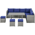 7 - Piece Outdoor Rattan Sectional Sofa Set | L - Shaped Patio Conversation Set with Cushions & Storage | 528 lb Capacity | Dark Blue - Hippopotamus Barn