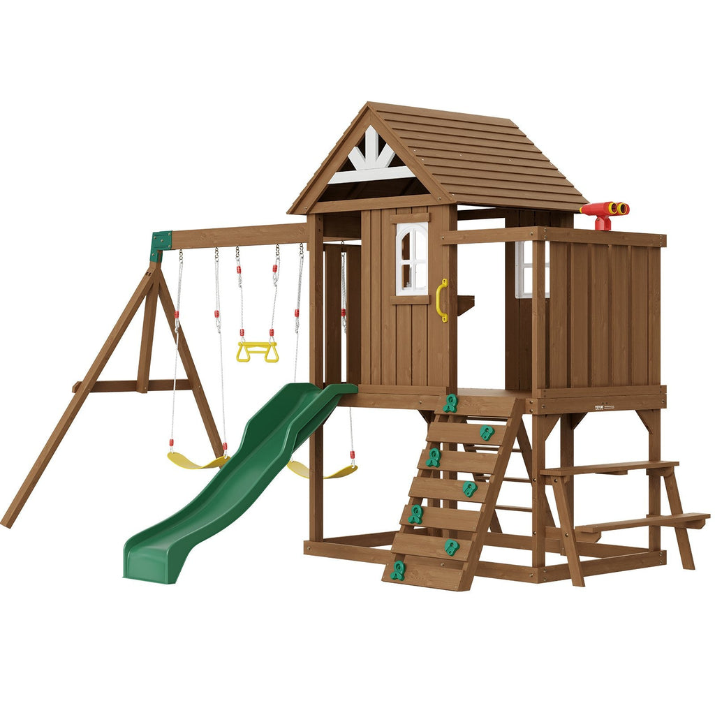 9 - in - 1 Wooden Swing Set for Backyard | Cedar Playset with Slide, Fort, Sandbox & Kitchen Toys - Hippopotamus Barn