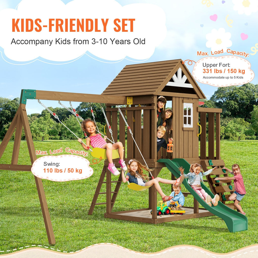 9 - in - 1 Wooden Swing Set for Backyard | Cedar Playset with Slide, Fort, Sandbox & Kitchen Toys - Hippopotamus Barn