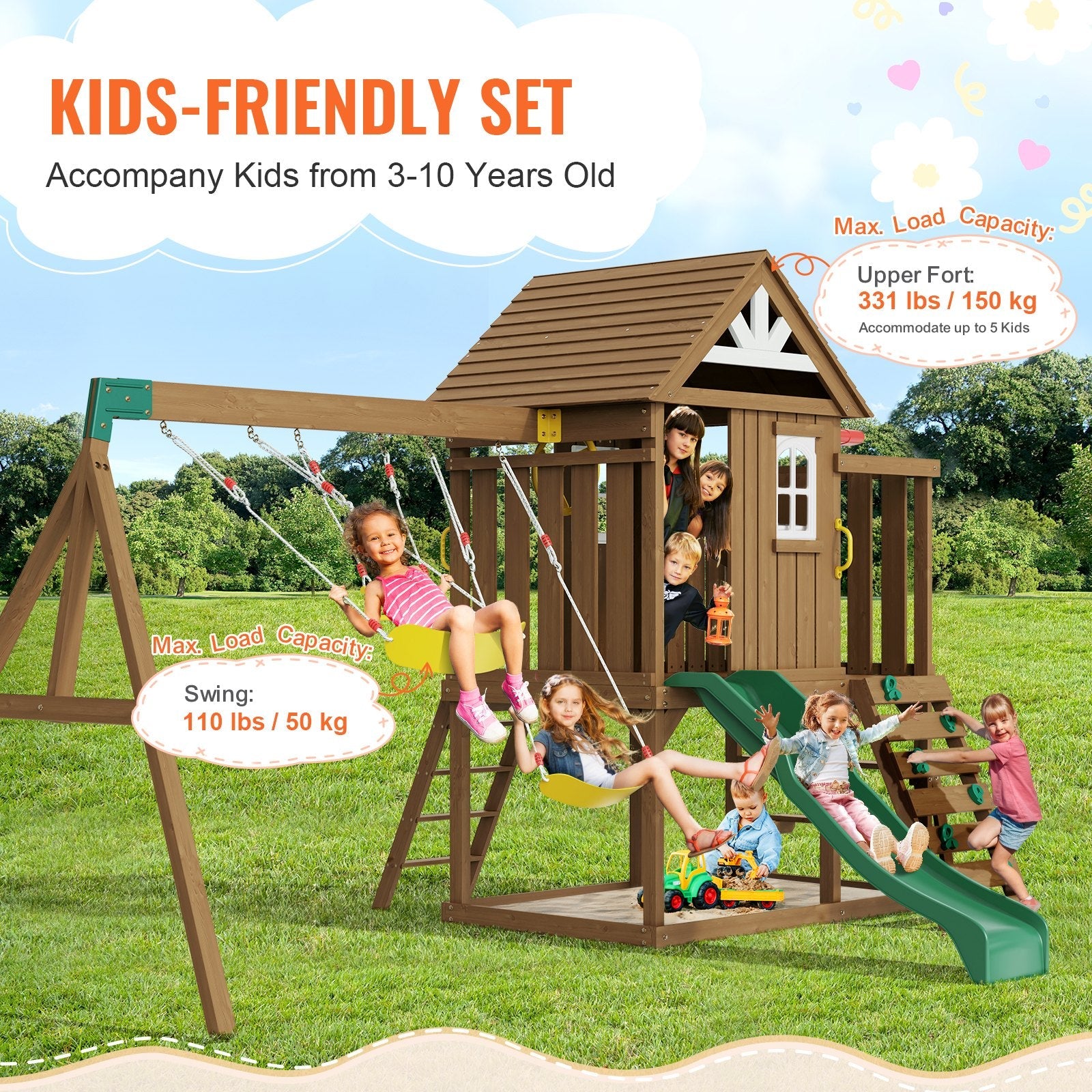 9 - in - 1 Wooden Swing Set for Backyard | Cedar Playset with Slide, Fort, Sandbox & Kitchen Toys - Hippopotamus Barn