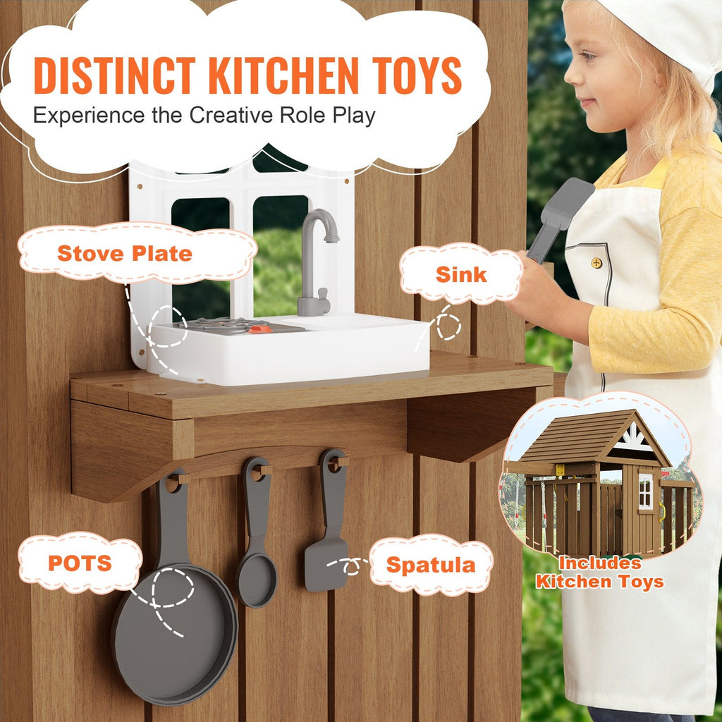 9 - in - 1 Wooden Swing Set for Backyard | Cedar Playset with Slide, Fort, Sandbox & Kitchen Toys - Hippopotamus Barn