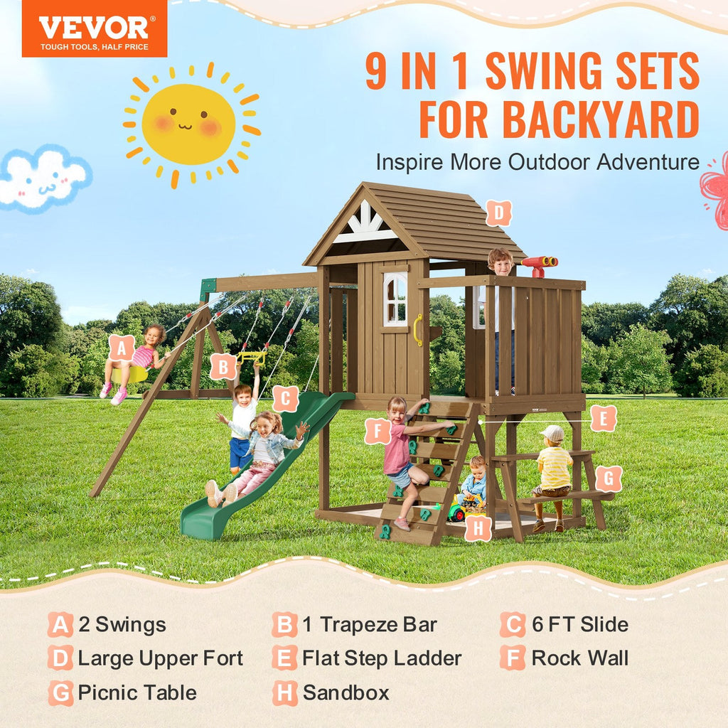 9 - in - 1 Wooden Swing Set for Backyard | Cedar Playset with Slide, Fort, Sandbox & Kitchen Toys - Hippopotamus Barn