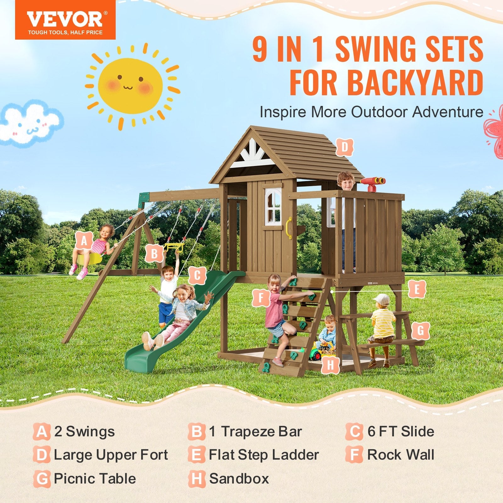 9 - in - 1 Wooden Swing Set for Backyard | Cedar Playset with Slide, Fort, Sandbox & Kitchen Toys - Hippopotamus Barn