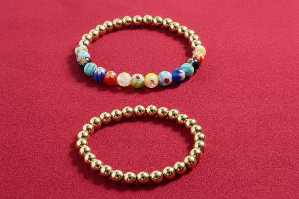Addison Boho Stackable Bracelet Set – 5mm Gold Beads & Colorful Glass Charms