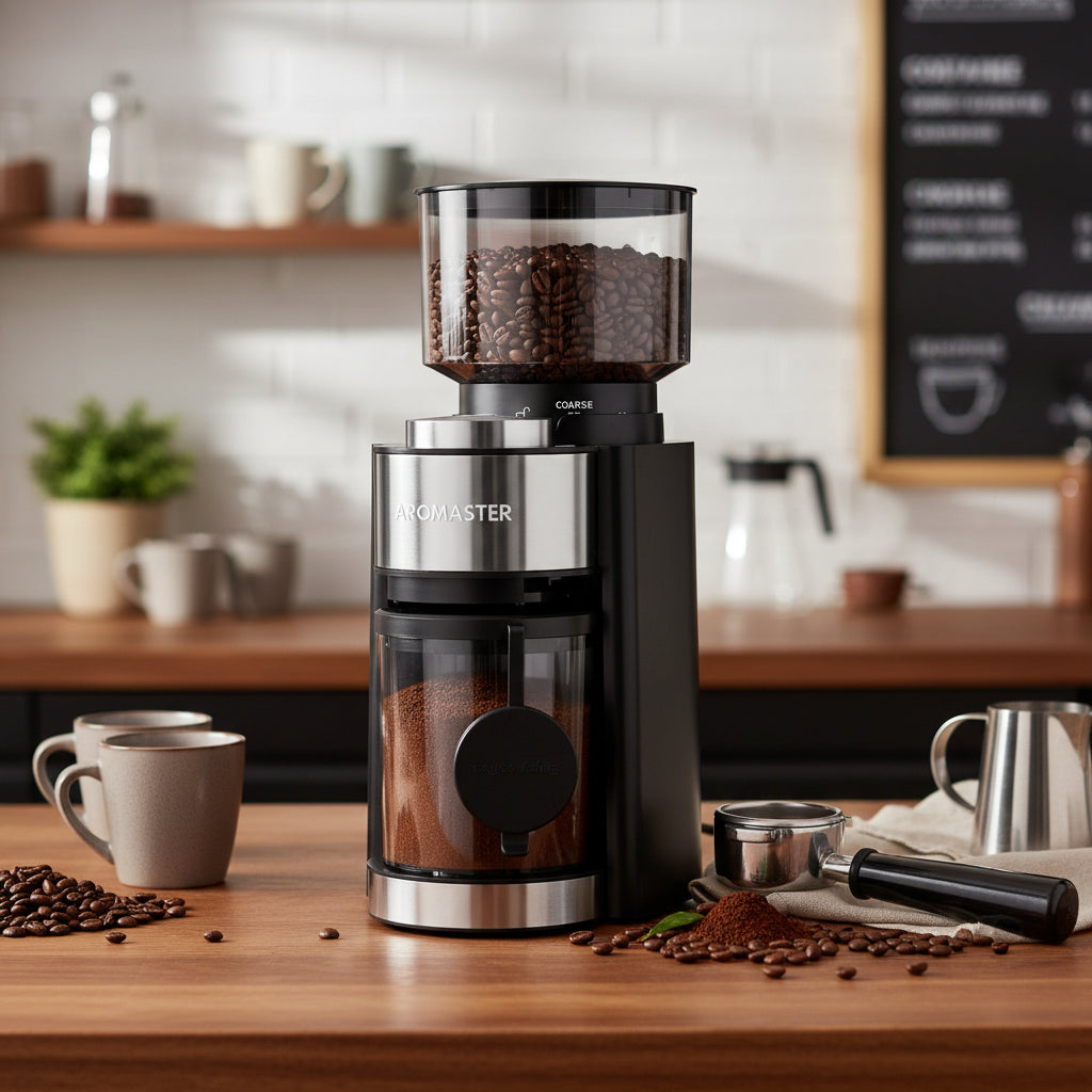 Aromaster Burr Coffee Grinder | Conical Burr Mill with 25 Grind Settings (Black)