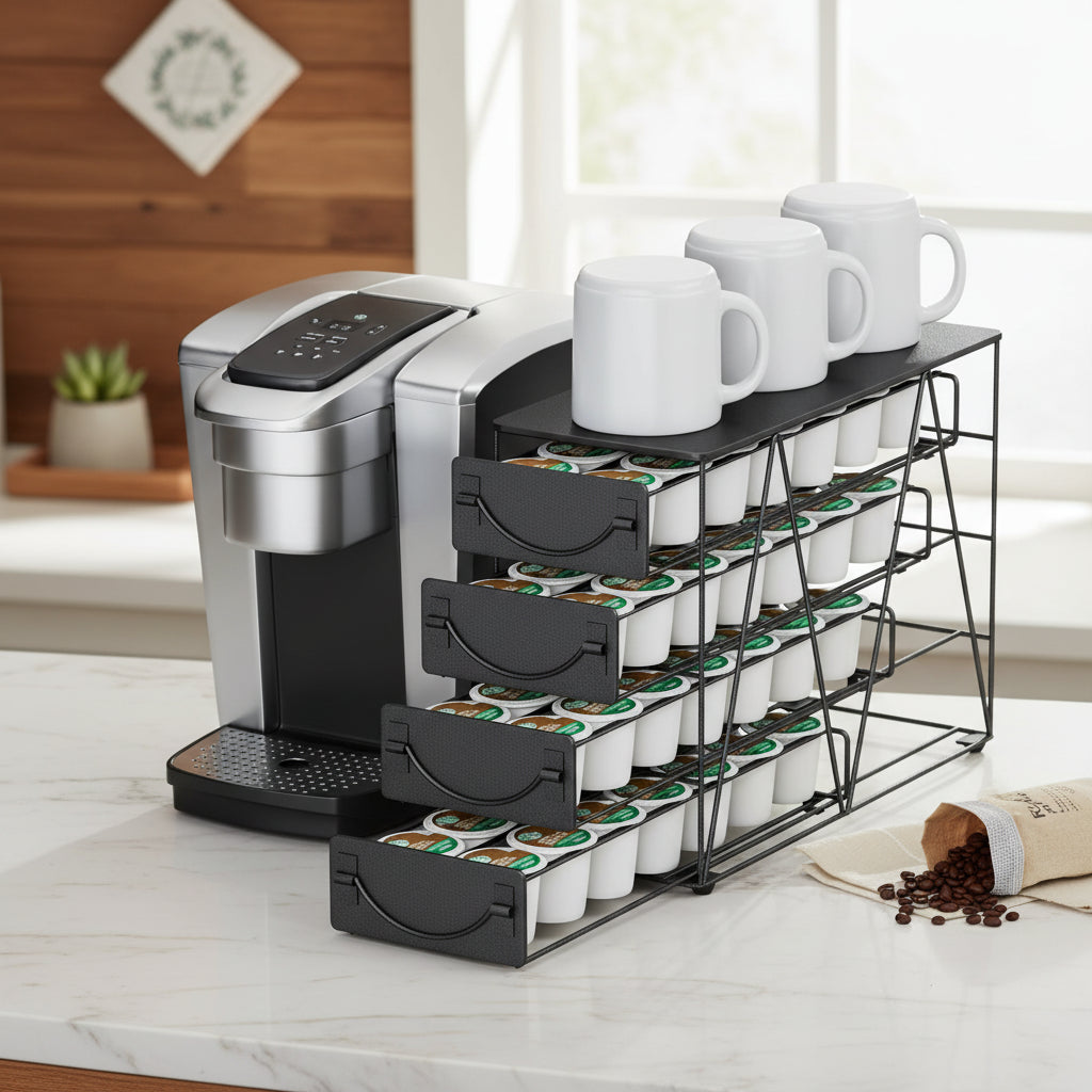 HFHOME 56-Pod Vertical Coffee Organizer | 4-Tier Metal K-Cup Storage Drawer (Black)