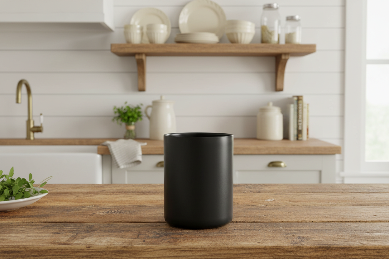 6.6" Matte Black Ceramic Utensil Holder – Large Modern Crock for Farmhouse Kitchen Decor