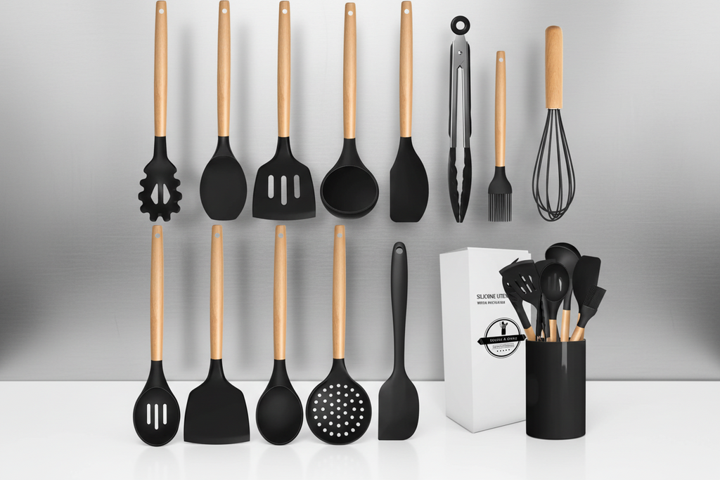 14-Piece Silicone Kitchen Utensil Set – Heat-Resistant Black Cooking Tools with Bamboo Handles