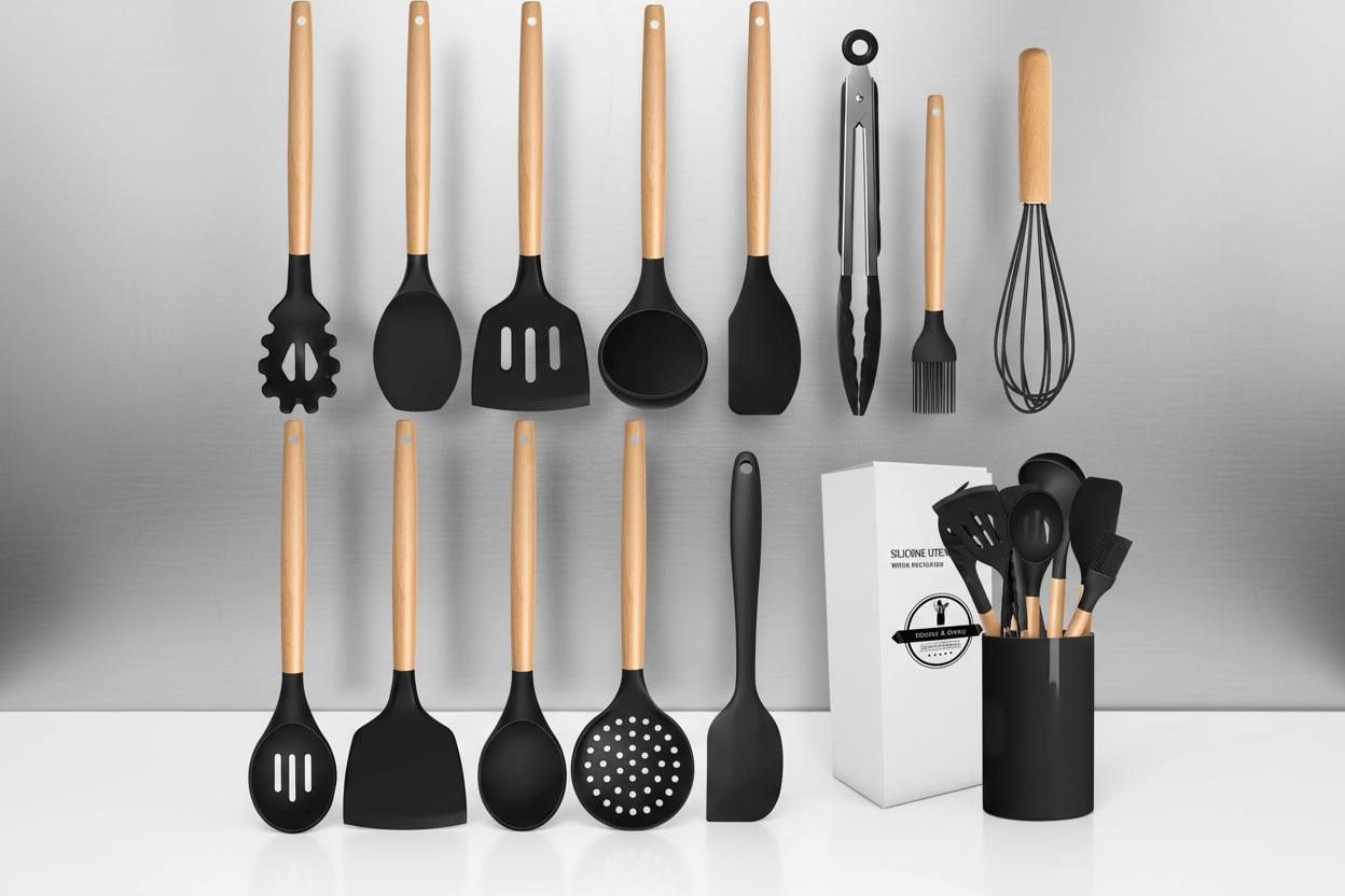 14-Piece Silicone Kitchen Utensil Set – Heat-Resistant Black Cooking Tools with Bamboo Handles