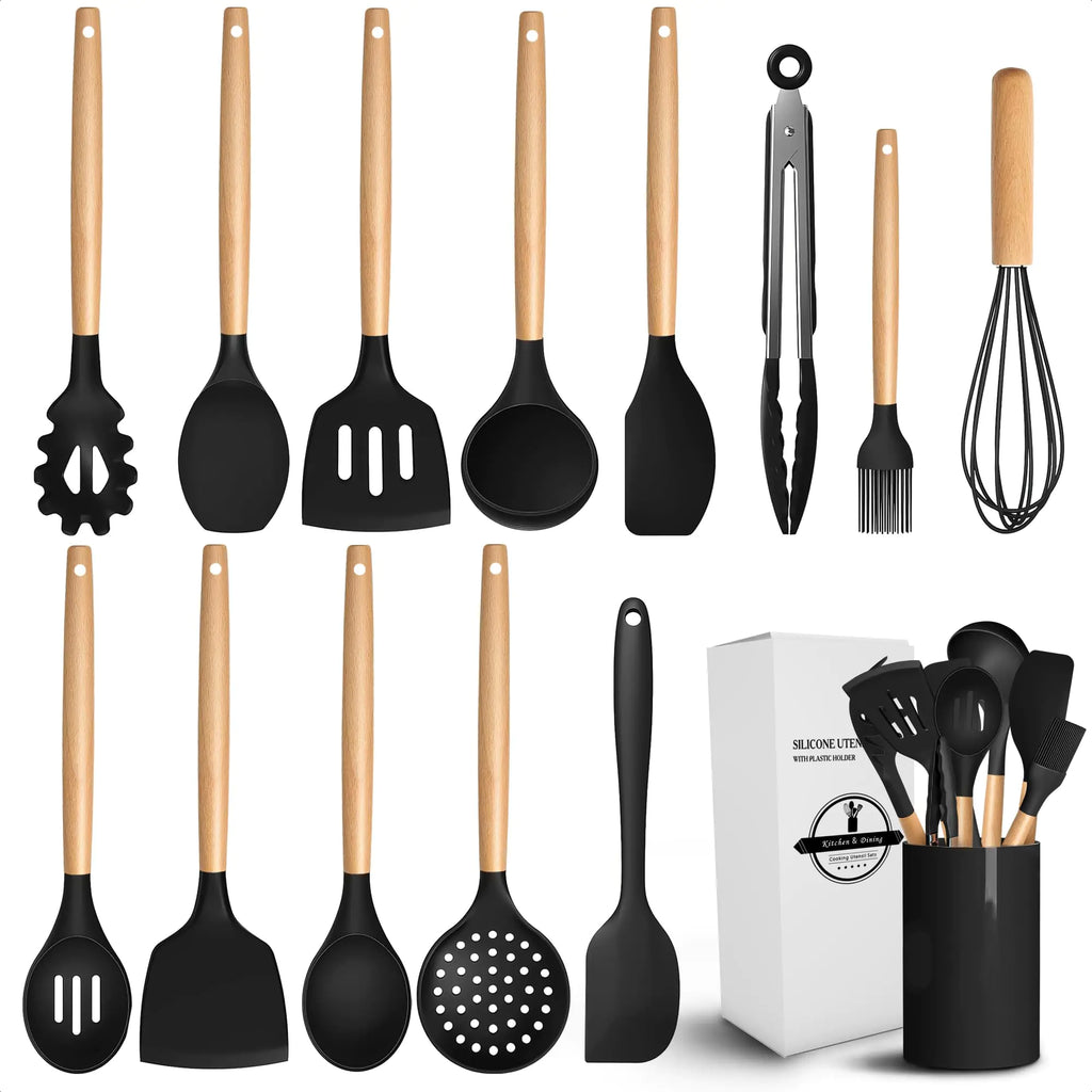 14-Piece Silicone Kitchen Utensil Set – Heat-Resistant Black Cooking Tools with Bamboo Handles