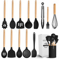 14-Piece Silicone Kitchen Utensil Set – Heat-Resistant Black Cooking Tools with Bamboo Handles