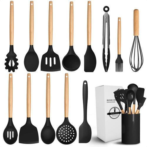 14-Piece Silicone Kitchen Utensil Set – Heat-Resistant Black Cooking Tools with Bamboo Handles