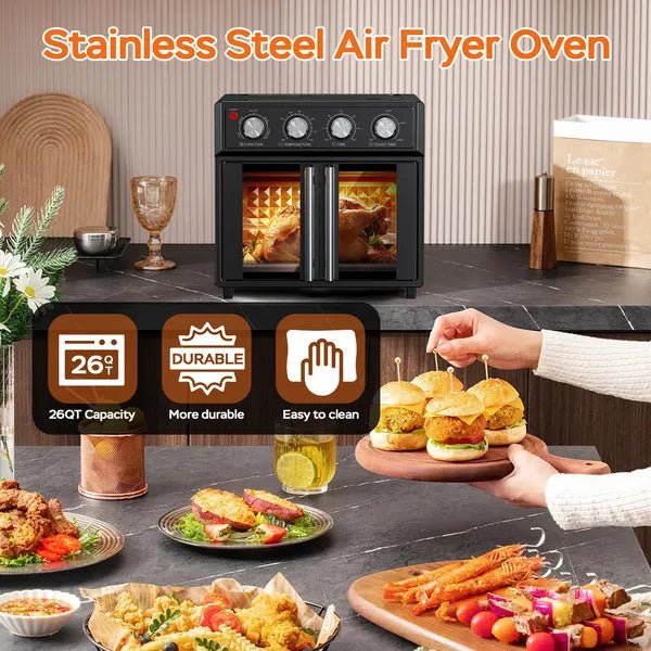 Air Fryer Toaster Oven 29.5 Qt - PlumChef Extra Large Convection Oven with French Doors - Hippopotamus Barn
