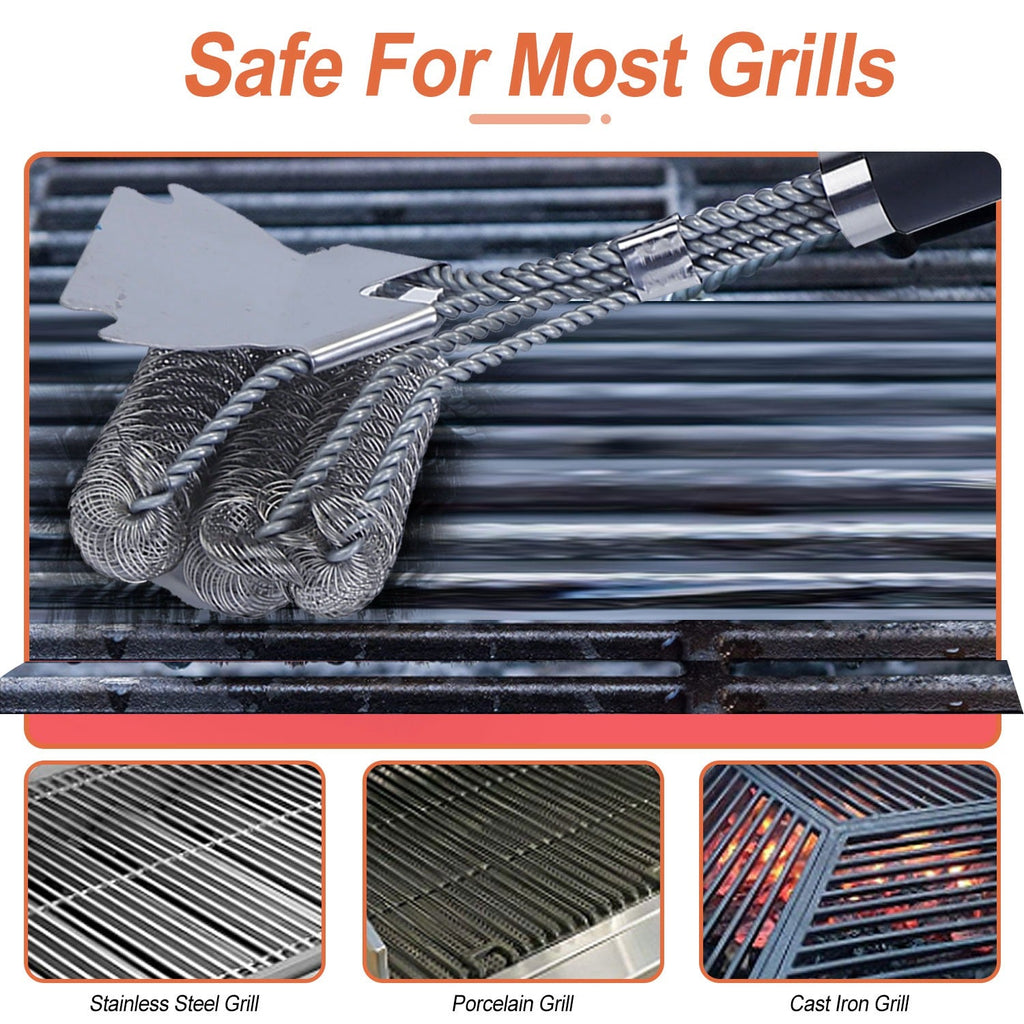 BBQ Grill Brush with Scraper - 16.5" Stainless Steel Grill Cleaner with Stiff Bristles - Hippopotamus Barn