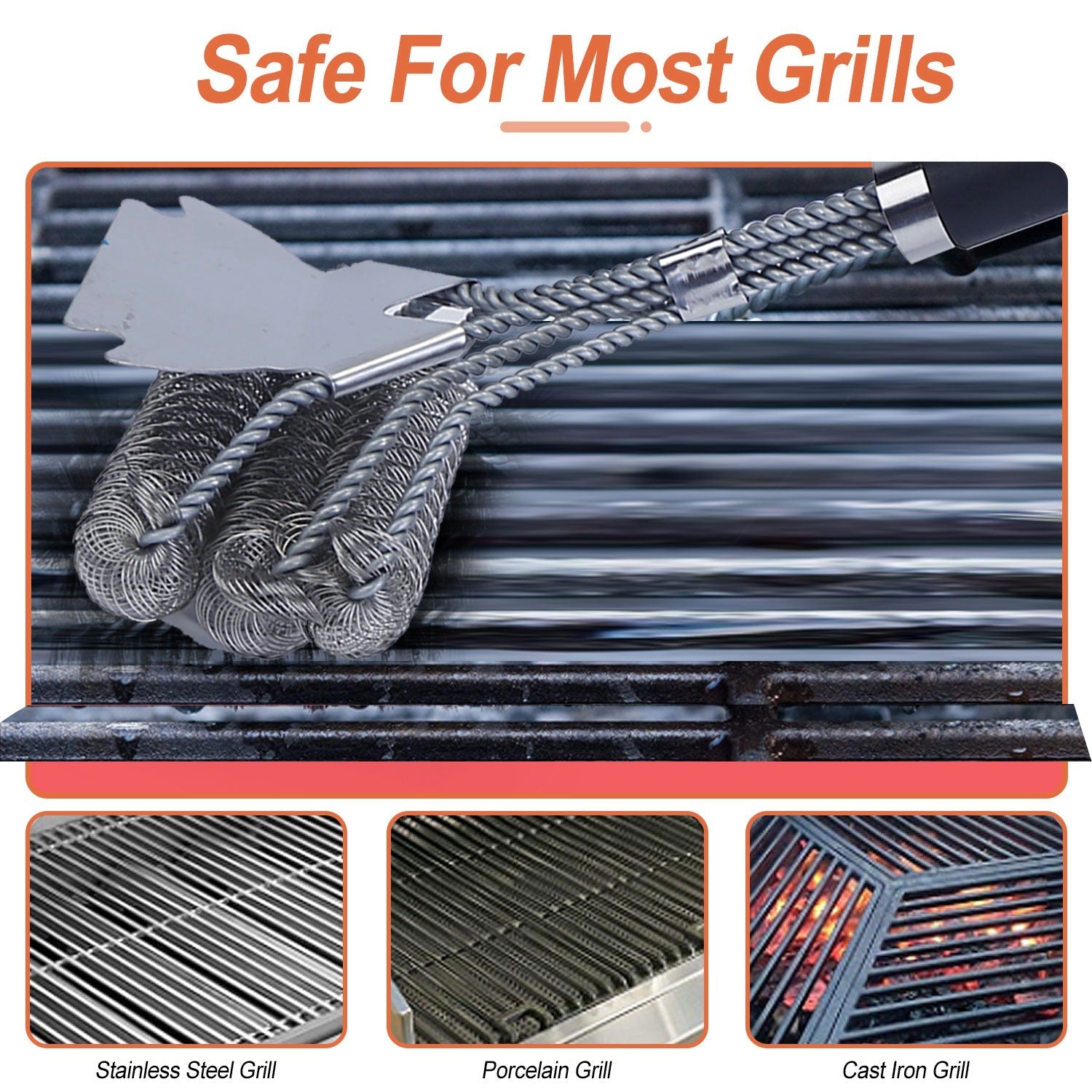 BBQ Grill Brush with Scraper - 16.5" Stainless Steel Grill Cleaner with Stiff Bristles - Hippopotamus Barn