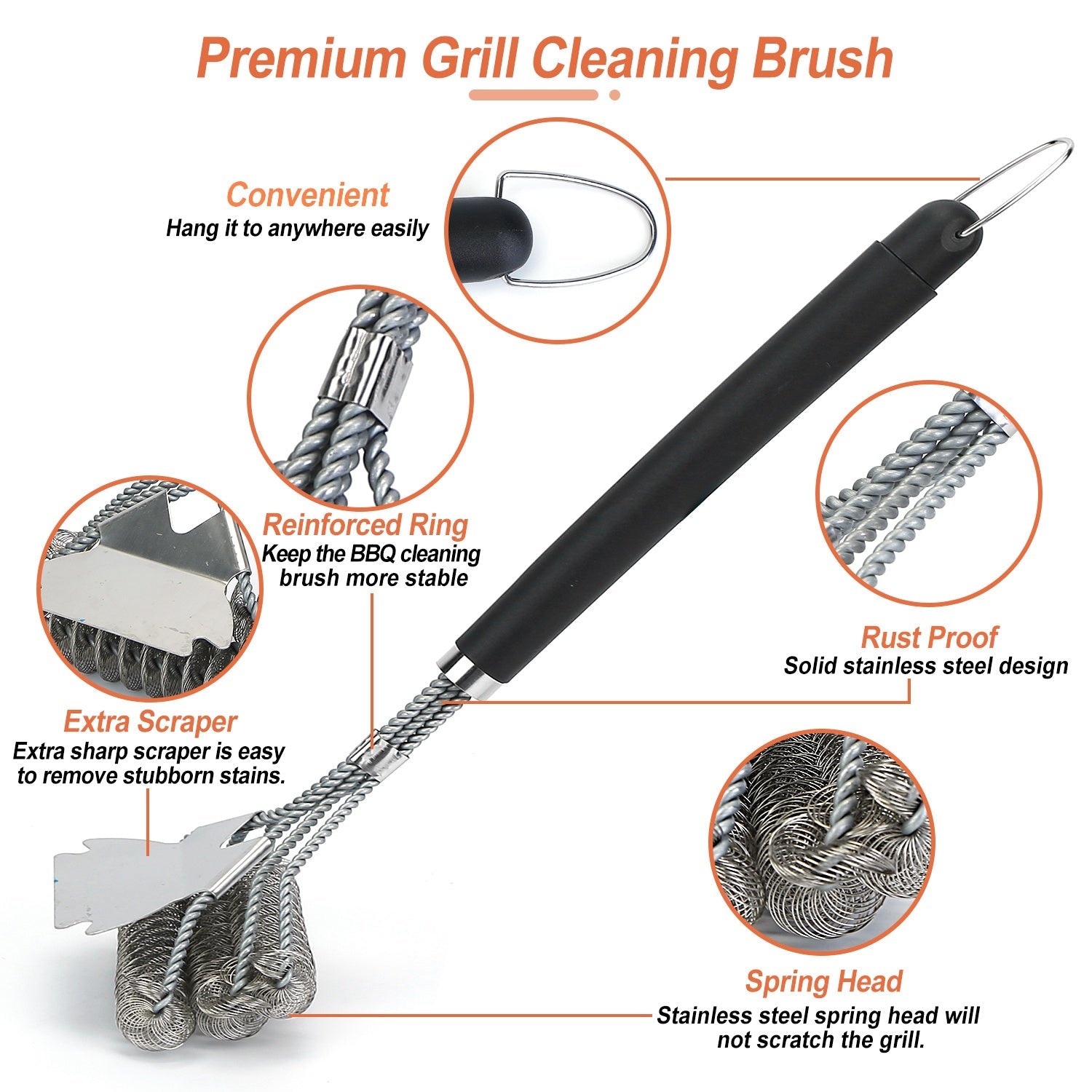BBQ Grill Brush with Scraper - 16.5" Stainless Steel Grill Cleaner with Stiff Bristles - Hippopotamus Barn
