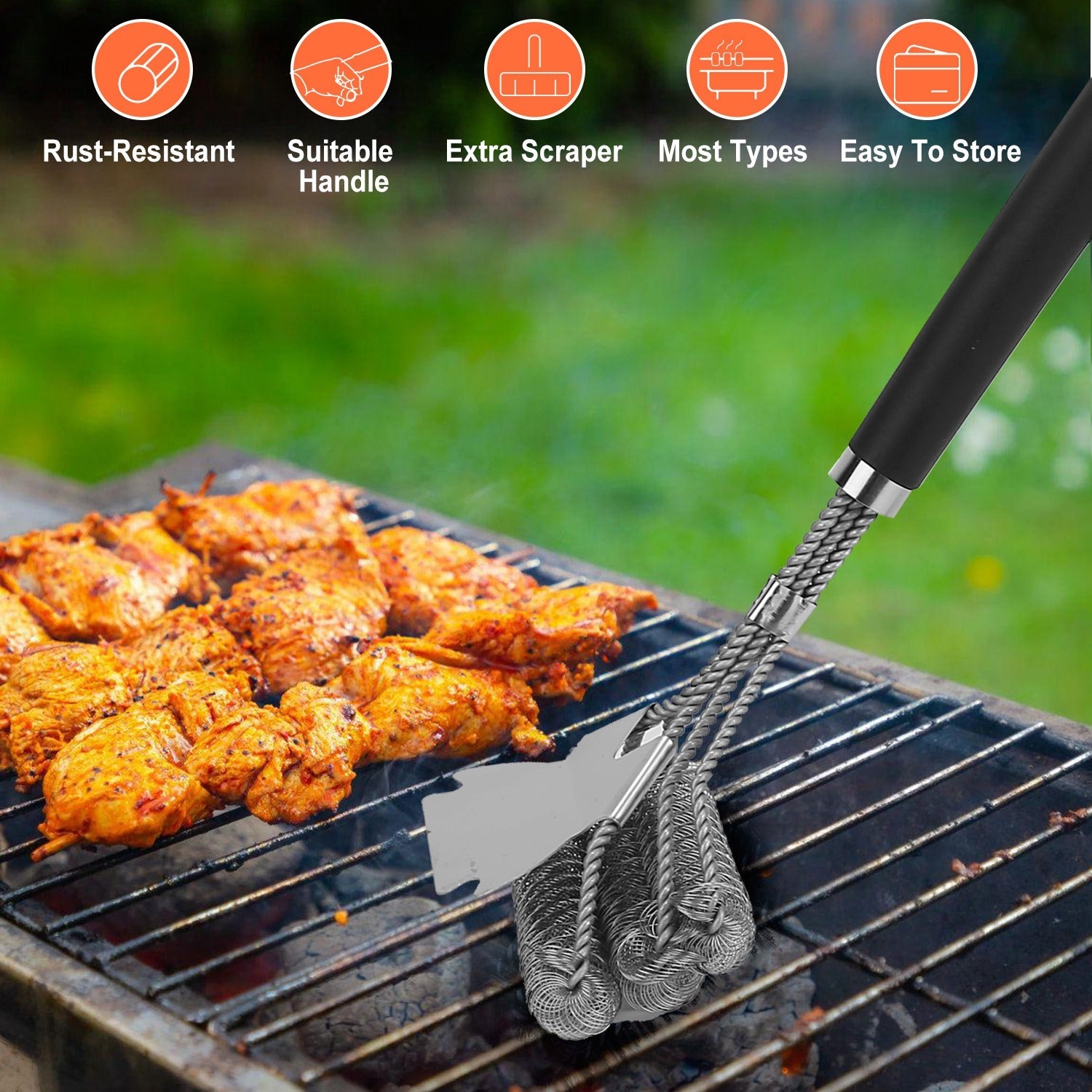 BBQ Grill Brush with Scraper - 16.5" Stainless Steel Grill Cleaner with Stiff Bristles - Hippopotamus Barn