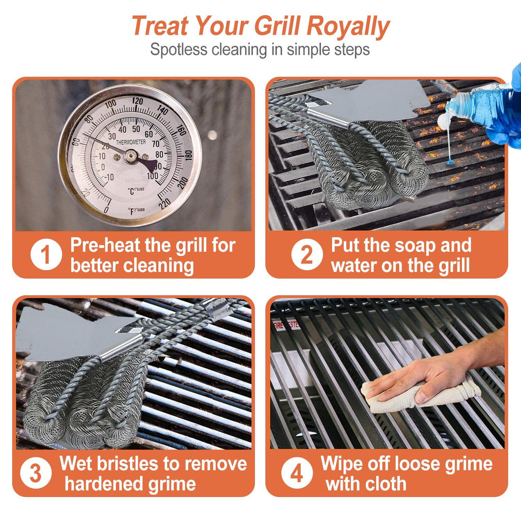 BBQ Grill Brush with Scraper - 16.5" Stainless Steel Grill Cleaner with Stiff Bristles - Hippopotamus Barn