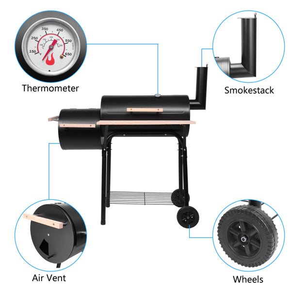 Charcoal Grill with Offset Smoker - Portable BBQ Grill with Wheels - Hippopotamus Barn