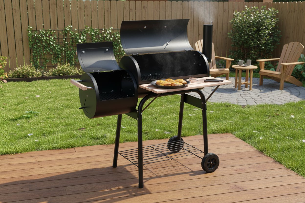 Charcoal Grill with Offset Smoker - Portable BBQ Grill with Wheels - Hippopotamus Barn