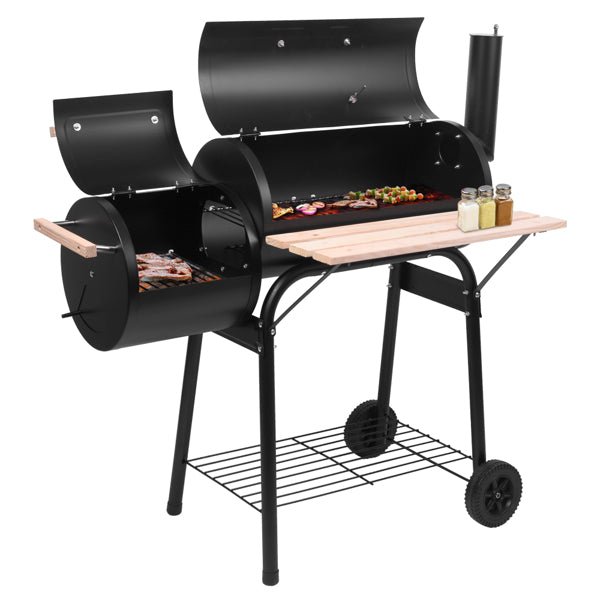 Charcoal Grill with Offset Smoker - Portable BBQ Grill with Wheels - Hippopotamus Barn