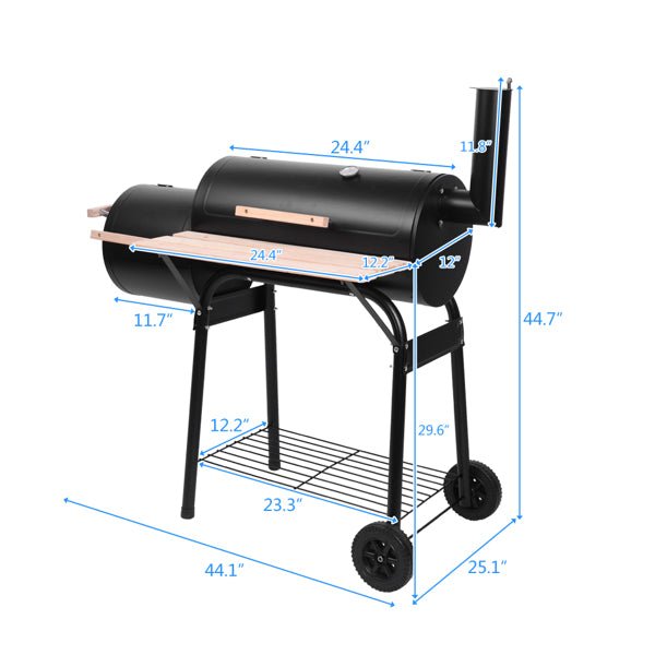 Charcoal Grill with Offset Smoker - Portable BBQ Grill with Wheels - Hippopotamus Barn
