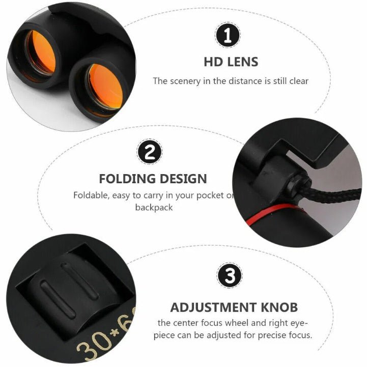 Compact Binoculars 30x60 Zoom - Folding Travel Telescope for Hunting Bird Watching - Hippopotamus Barn