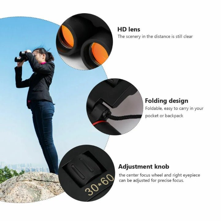 Compact Binoculars 30x60 Zoom - Folding Travel Telescope for Hunting Bird Watching - Hippopotamus Barn