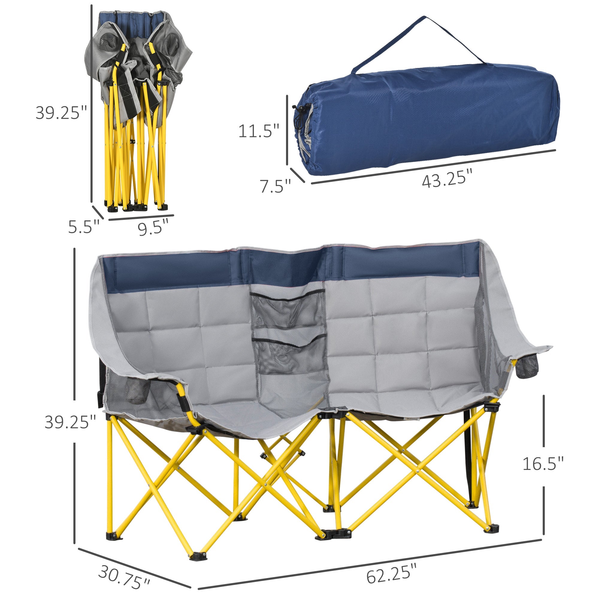 Double Camping Chair for 2 People - Loveseat Folding Lawn Chair with Cup Holders & Carry Bag - Hippopotamus Barn