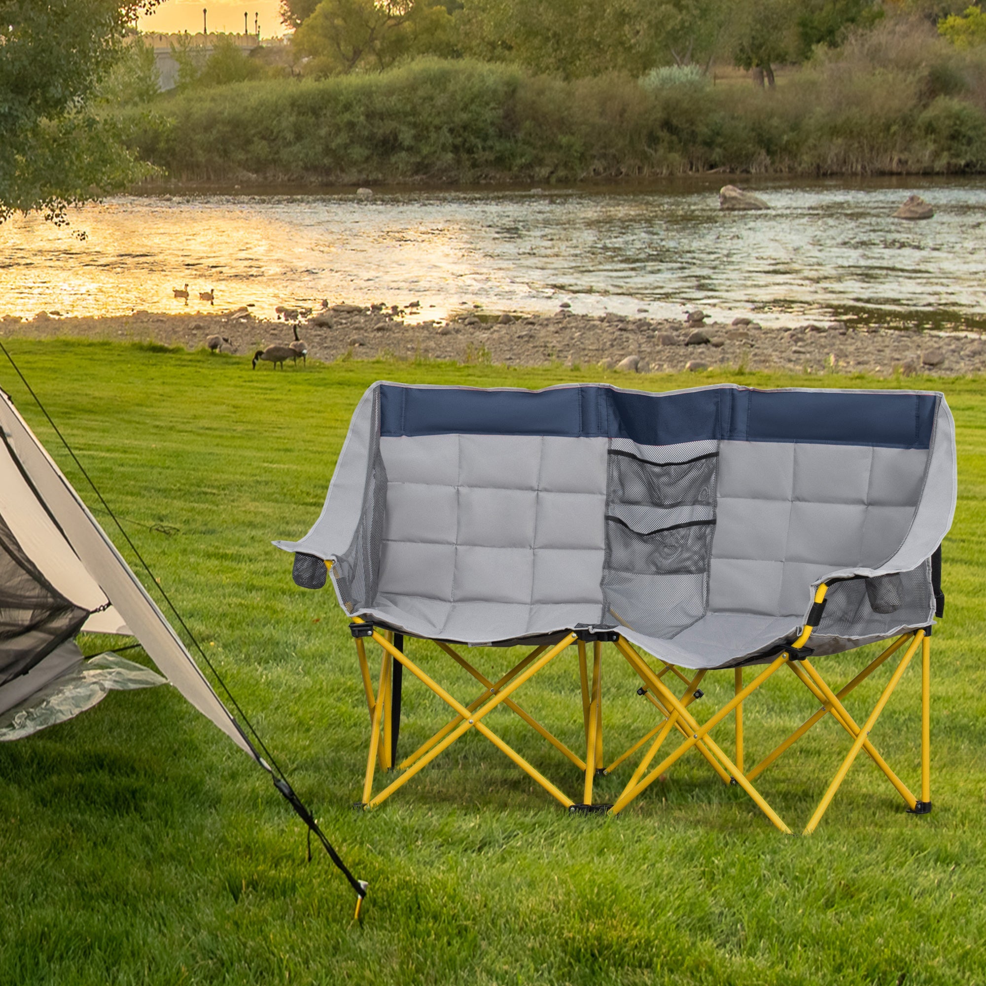Double Camping Chair for 2 People - Loveseat Folding Lawn Chair with Cup Holders & Carry Bag - Hippopotamus Barn