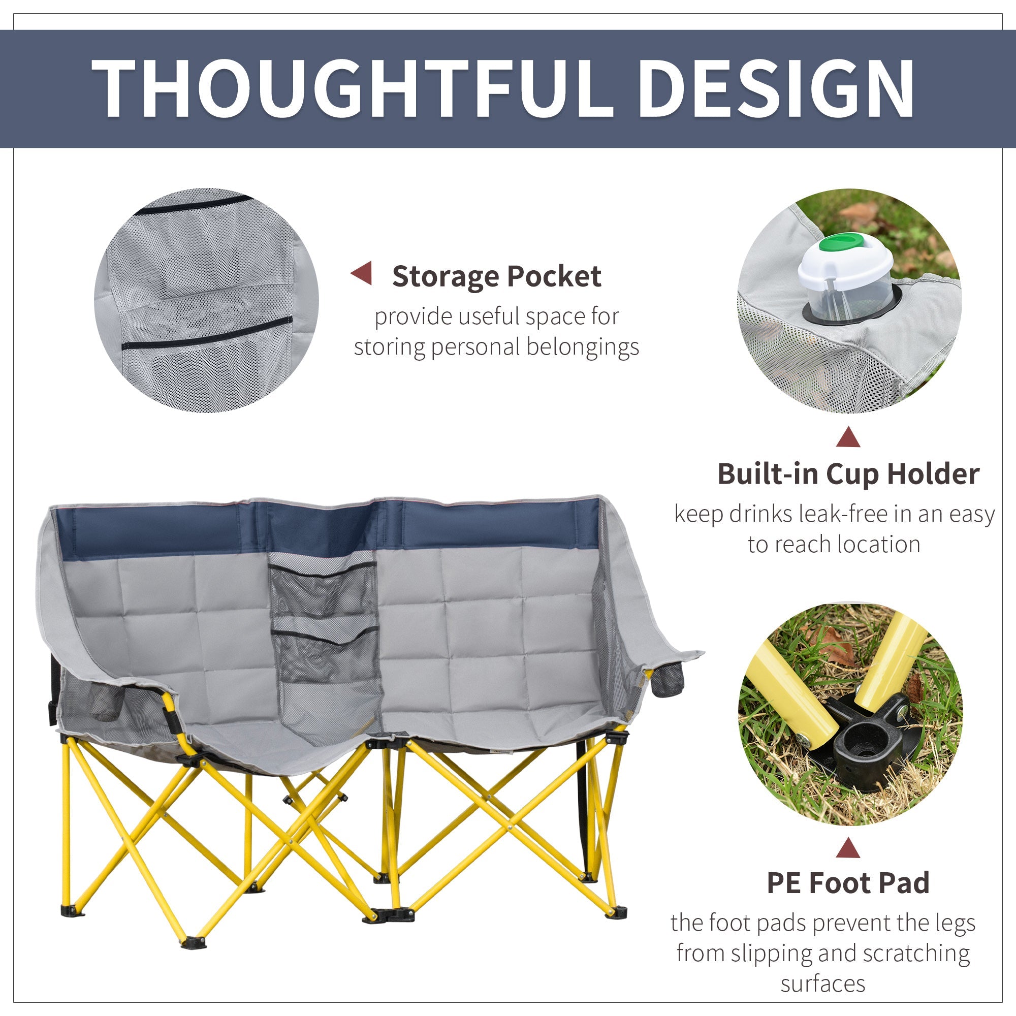 Double Camping Chair for 2 People - Loveseat Folding Lawn Chair with Cup Holders & Carry Bag - Hippopotamus Barn