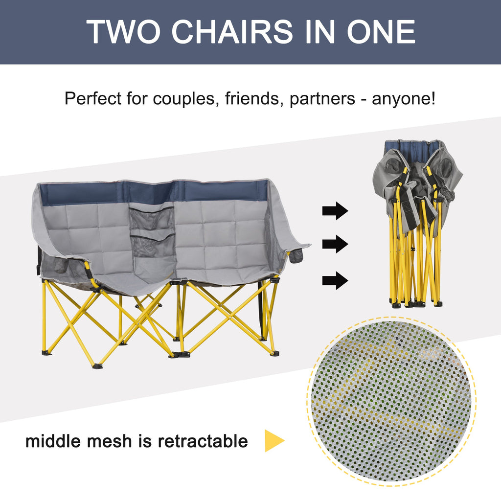 Double Camping Chair for 2 People - Loveseat Folding Lawn Chair with Cup Holders & Carry Bag - Hippopotamus Barn