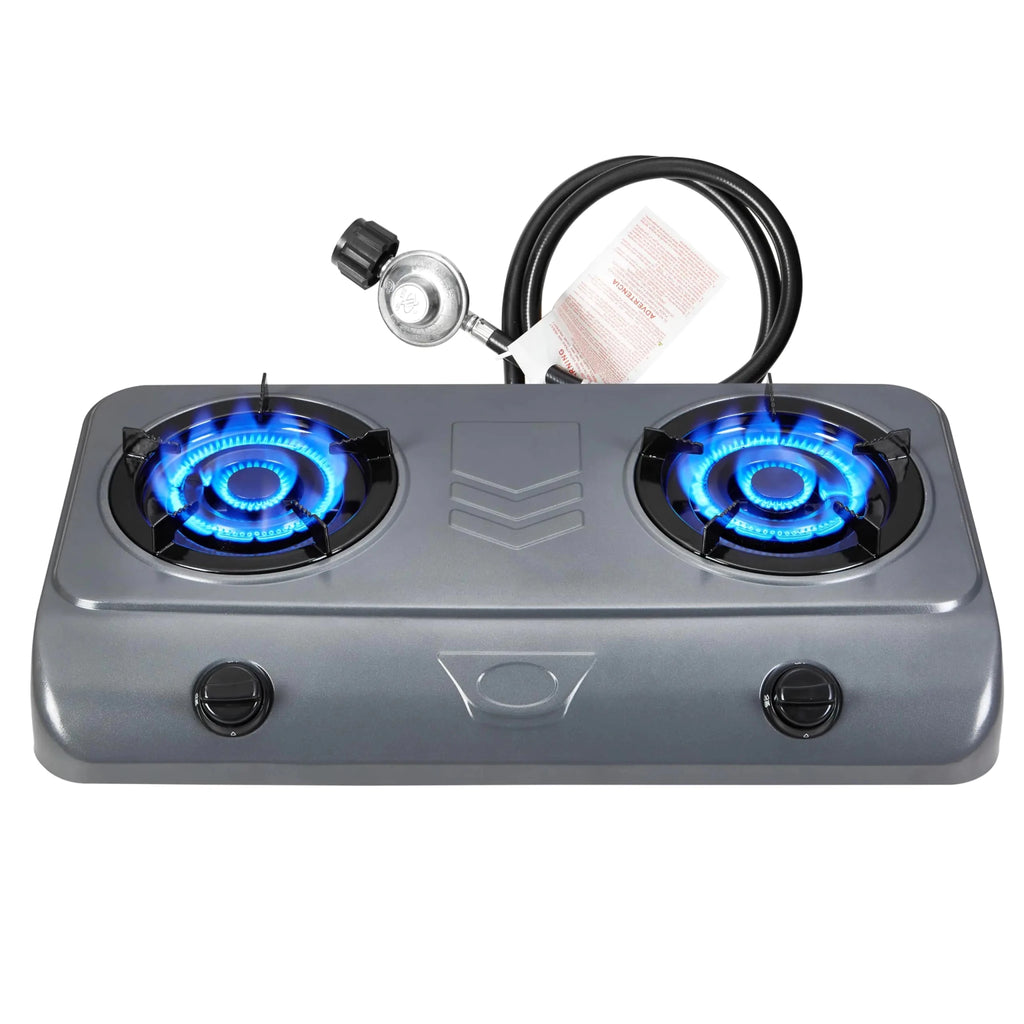 Dr.Camp 35,000 BTU Double Burner Propane Stove – Auto - Ignition Outdoor Cooker with CSA Regulator - Hippopotamus Barn