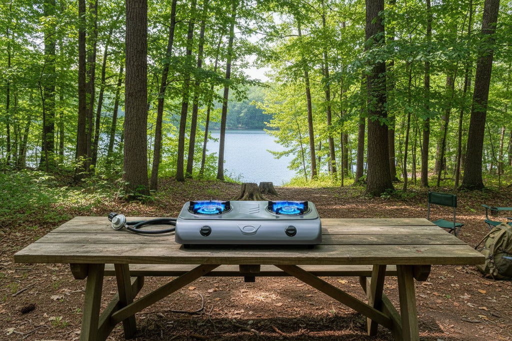 Dr.Camp 35,000 BTU Double Burner Propane Stove – Auto - Ignition Outdoor Cooker with CSA Regulator - Hippopotamus Barn