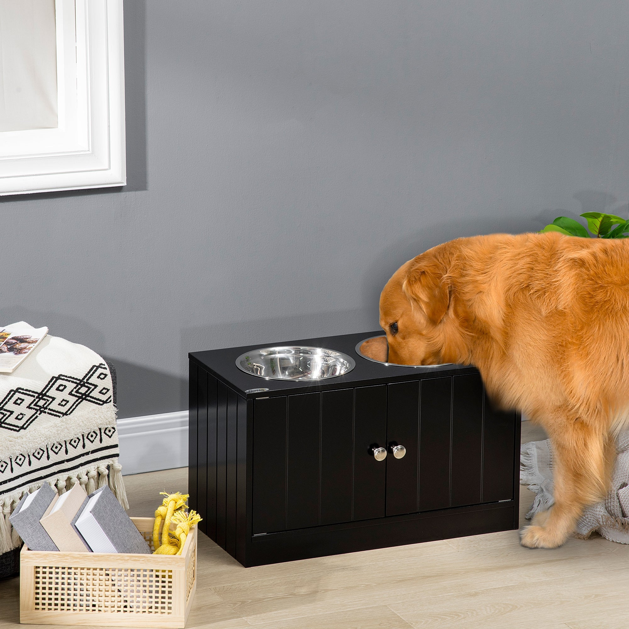 Elevated Dog Bowls with Storage Cabinet - Large Raised Dog Feeding Station 44L - Hippopotamus Barn