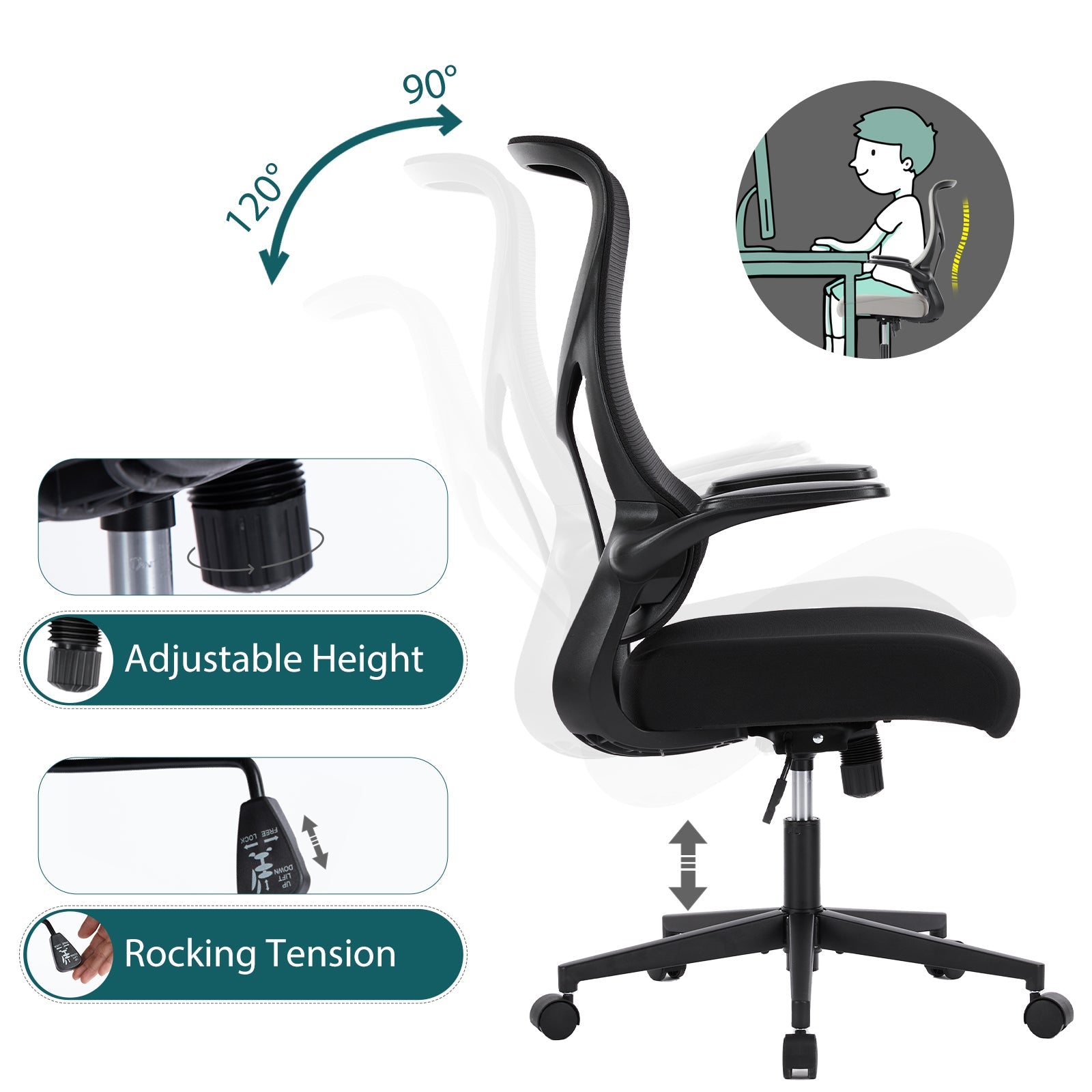 Ergonomic Mesh Office Chair with Lumbar Support & Flip - Up Arms - Hippopotamus Barn