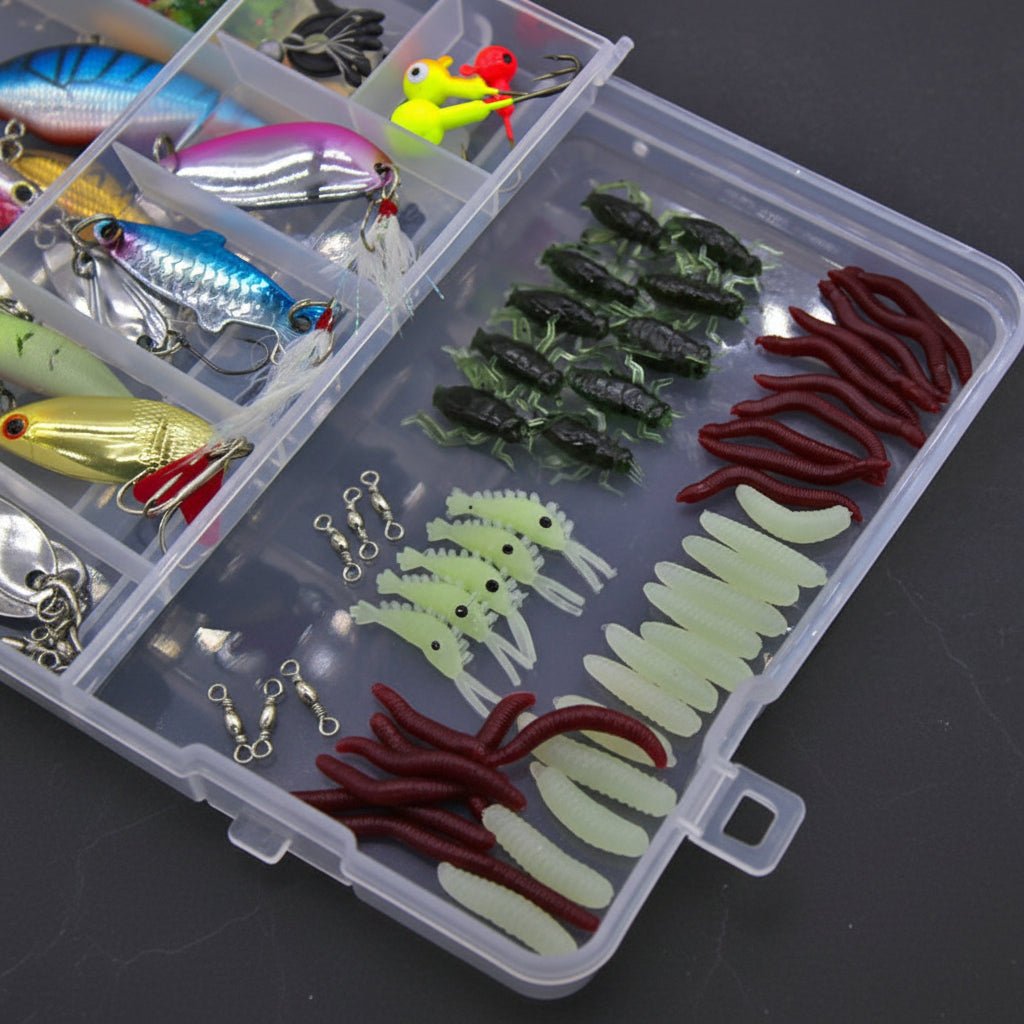 Fishing Lures Soft Bait Set - 100 Piece Assorted Tackle Kit with Storage Box - Hippopotamus Barn