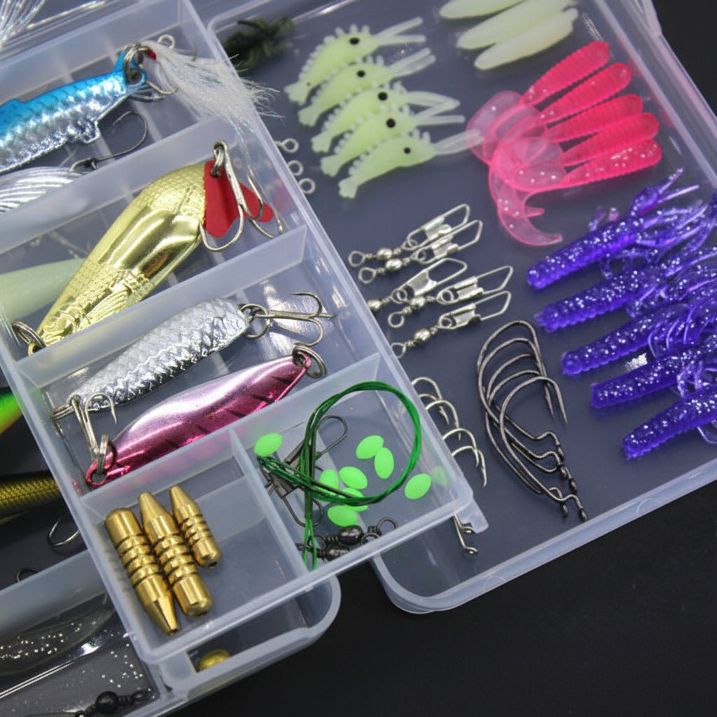 Fishing Lures Soft Bait Set - 100 Piece Assorted Tackle Kit with Storage Box - Hippopotamus Barn