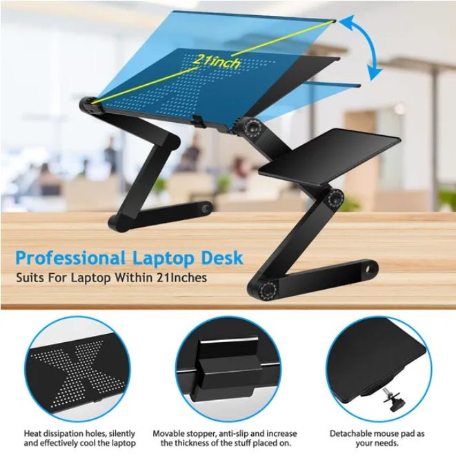 Foldable Laptop Desk with Mouse Pad - Aluminum Alloy Adjustable Tray - Hippopotamus Barn