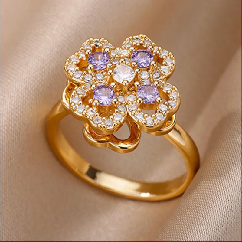 Four Leaf Clover Ring - Adjustable Stainless Steel Zircon Ring for Women - Hippopotamus Barn