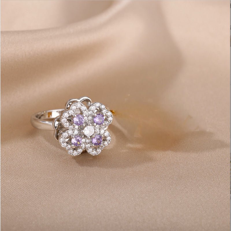 Four Leaf Clover Ring - Adjustable Stainless Steel Zircon Ring for Women - Hippopotamus Barn