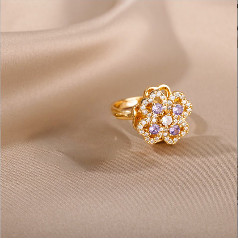 Four Leaf Clover Ring - Adjustable Stainless Steel Zircon Ring for Women - Hippopotamus Barn