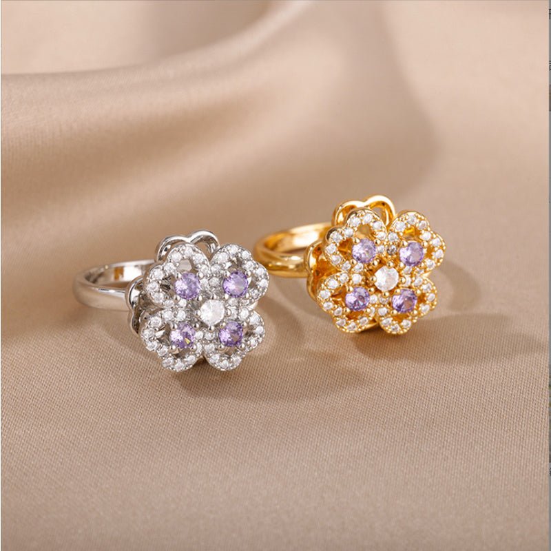 Four Leaf Clover Ring - Adjustable Stainless Steel Zircon Ring for Women - Hippopotamus Barn