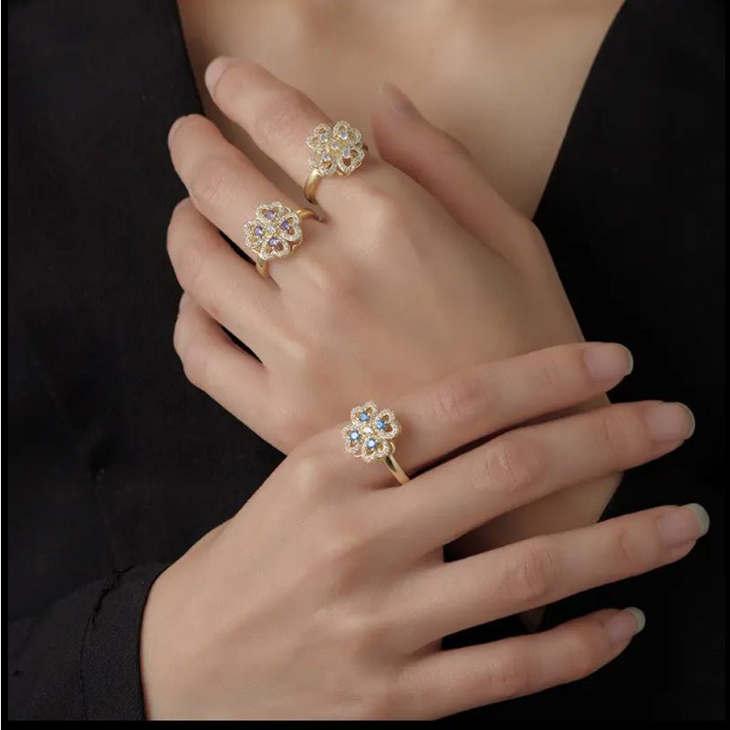 Four Leaf Clover Ring - Adjustable Stainless Steel Zircon Ring for Women - Hippopotamus Barn