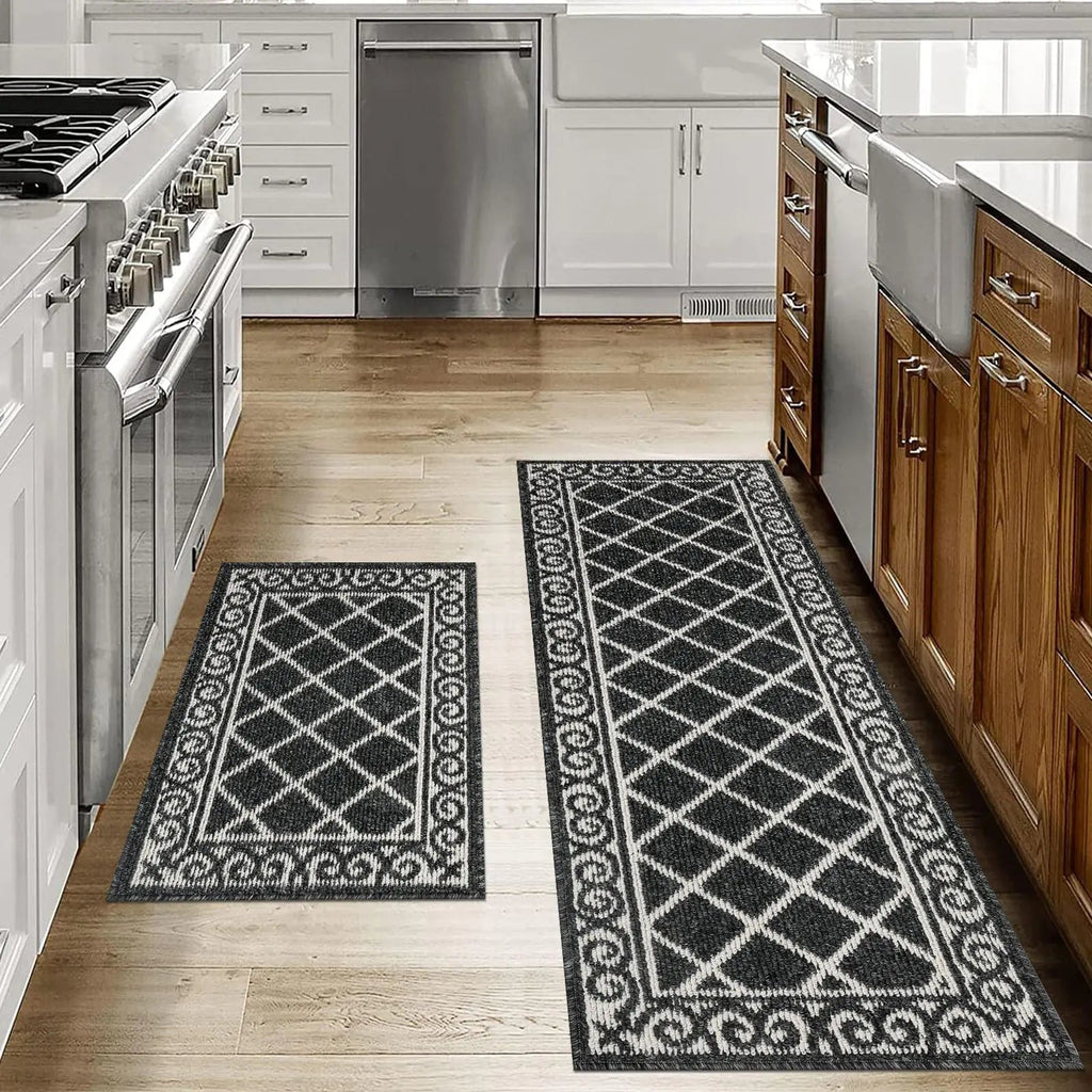 HEBE 2 - Piece Kitchen Rug & Runner Set – Non - Slip, Washable Geometric Floor Mats (Black) - Hippopotamus Barn